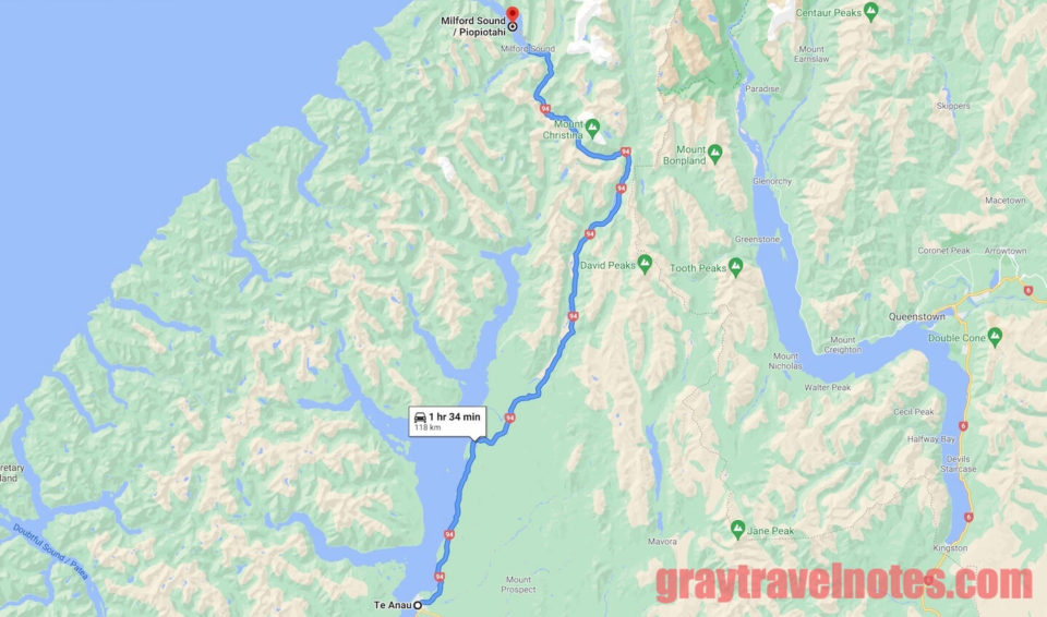 Google Maps - Driving from Te Anau to Milford Sound in New Zealand