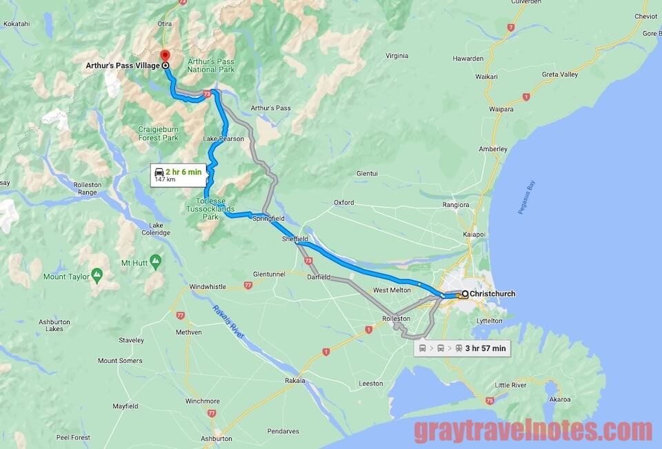 Google Maps - Travel route and time from Christchurch to Arthur's Pass