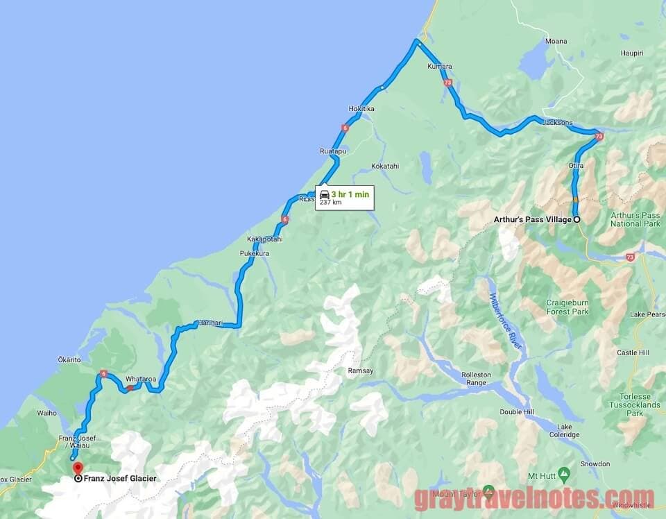 Google Maps - Travel route and time from Arthur's Pass to Franz Josef