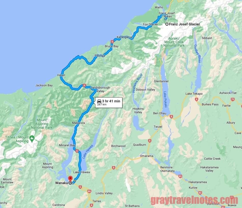 Google Maps - Travel route and time from Franz Josef to Wanaka