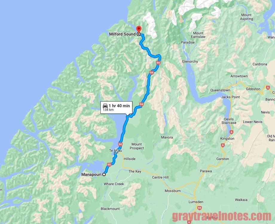 Google Maps - Travel route and time from Manapouri to Milford Sound
