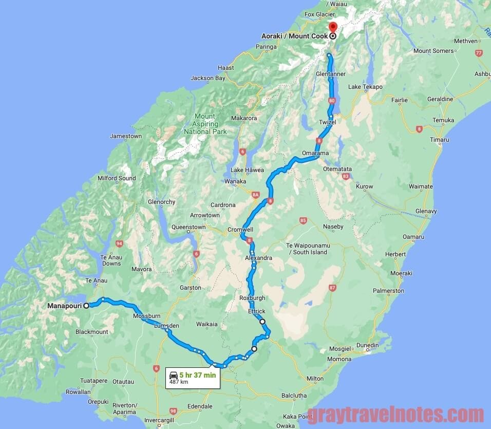 Google Maps - Travel route and time from Manapouri to Mount Cook