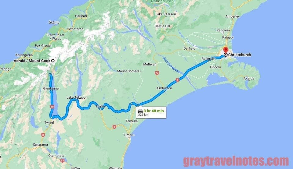 Google Maps - Travel route and time from Mount Cook to Christchurch