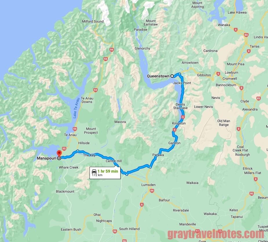 Google Maps - Travel route and time from Queenstown to Manapouri