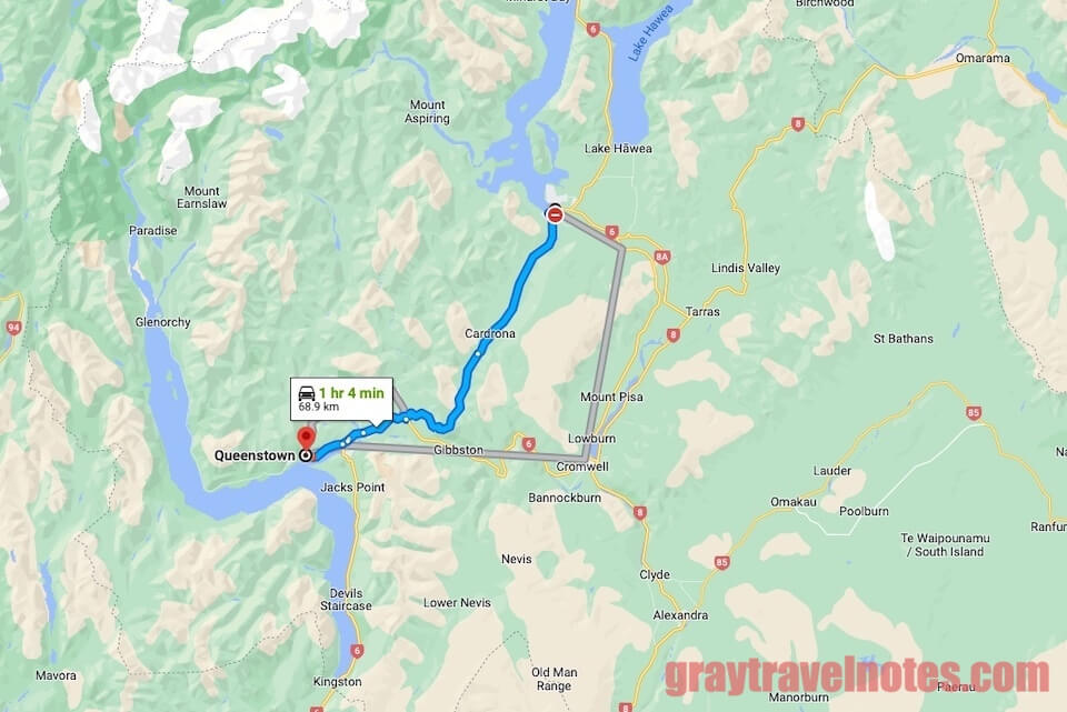 Google Maps - Travel route and time from Wanaka to Queenstown