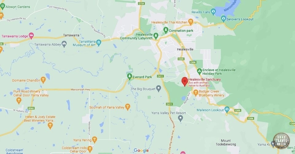 Australia - Location of Healesvill Sanctuary on Google Map