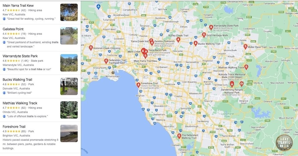 Google Maps - Popular hiking trails near Melbourne city