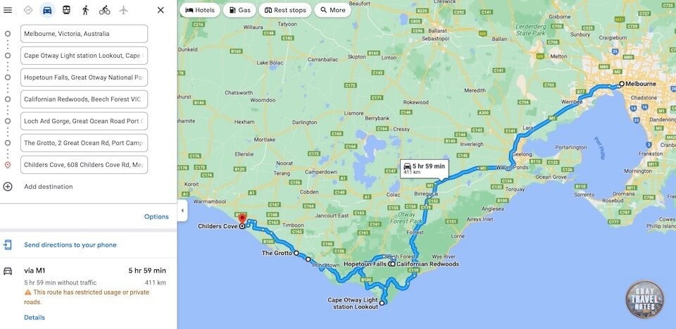Google Maps - Road trip from Melbourne to Childers Cove on Great Ocean Road